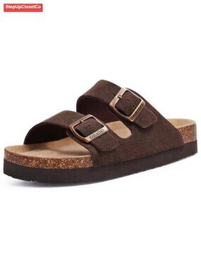 Women's Suede Slide Sandals with Cork Footbed and Adjustable Buckle